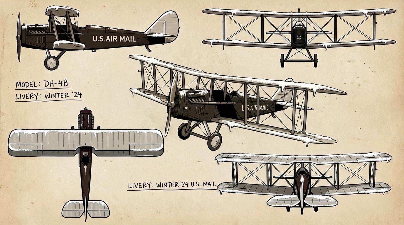 Planche du biplan postal DH-4B en livrée d’hiver, vu de profil, de face et de dessus