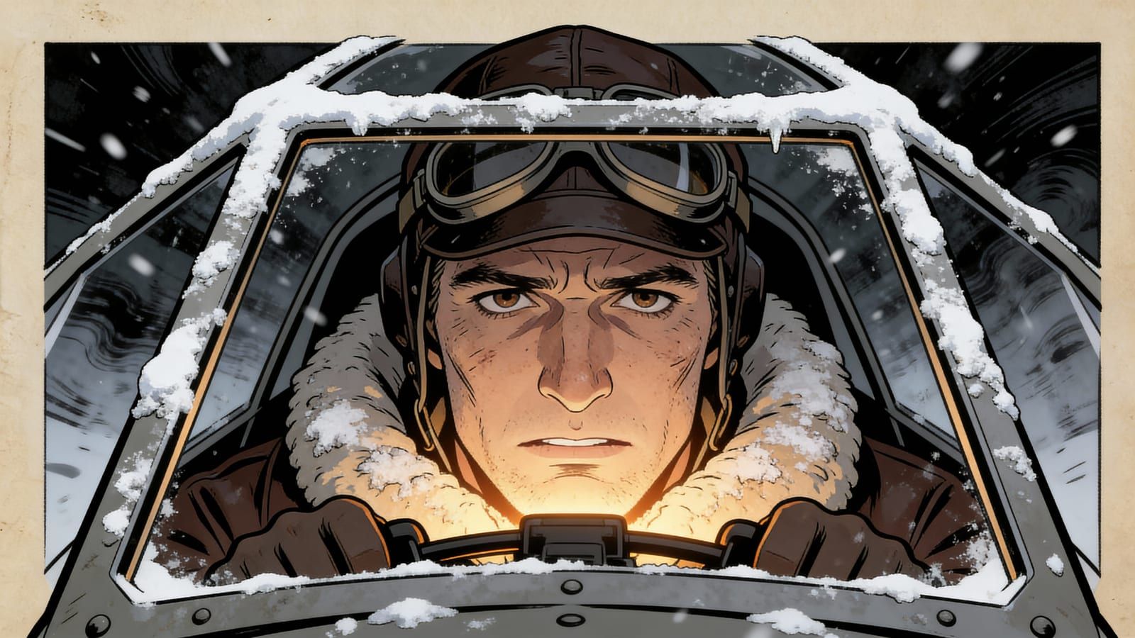Le pilote dans son cockpit enneigé, le regard fixe, éclairé par les instruments