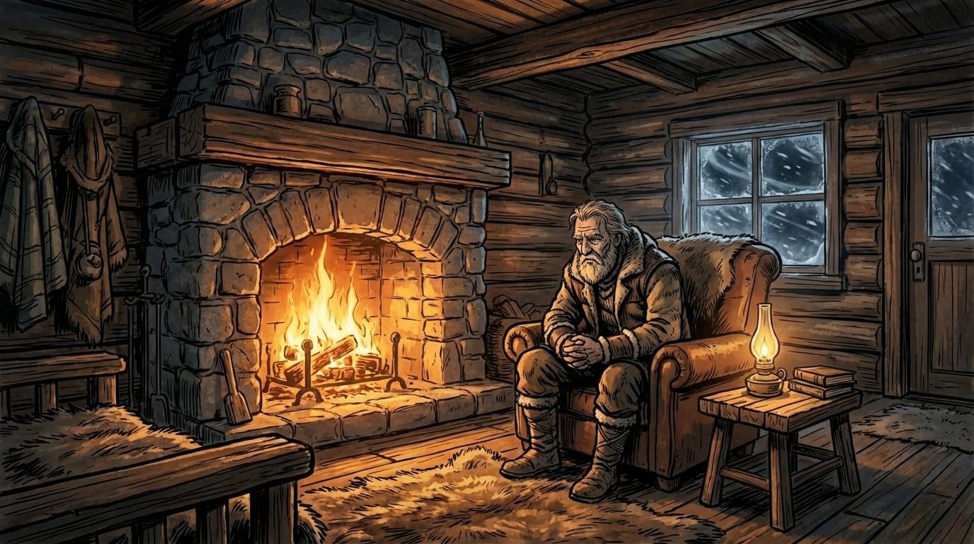 Un vieil aviateur dans son fauteuil, au coin du feu d’une cabane en rondins