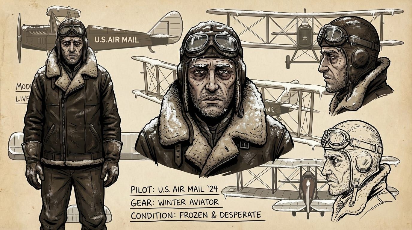 Planche du pilote de l’Air Mail : en pied, en buste et de profil, avec son équipement d’hiver