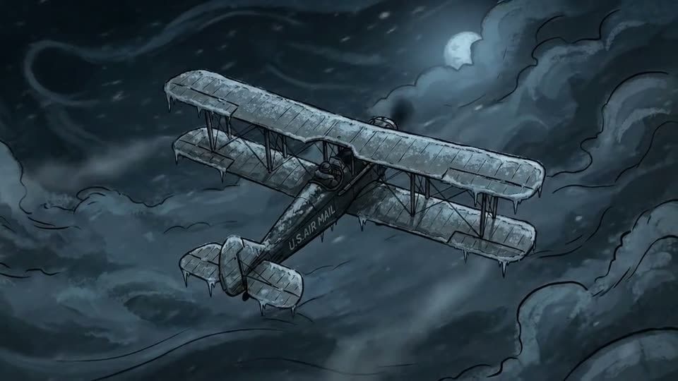 Un biplan postal traverse une tempête de neige