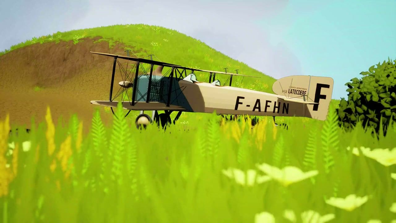 Le Breguet XIV posé dans une prairie fleurie, aux couleurs des Lignes aériennes Latécoère, la caméra au ras des herbes