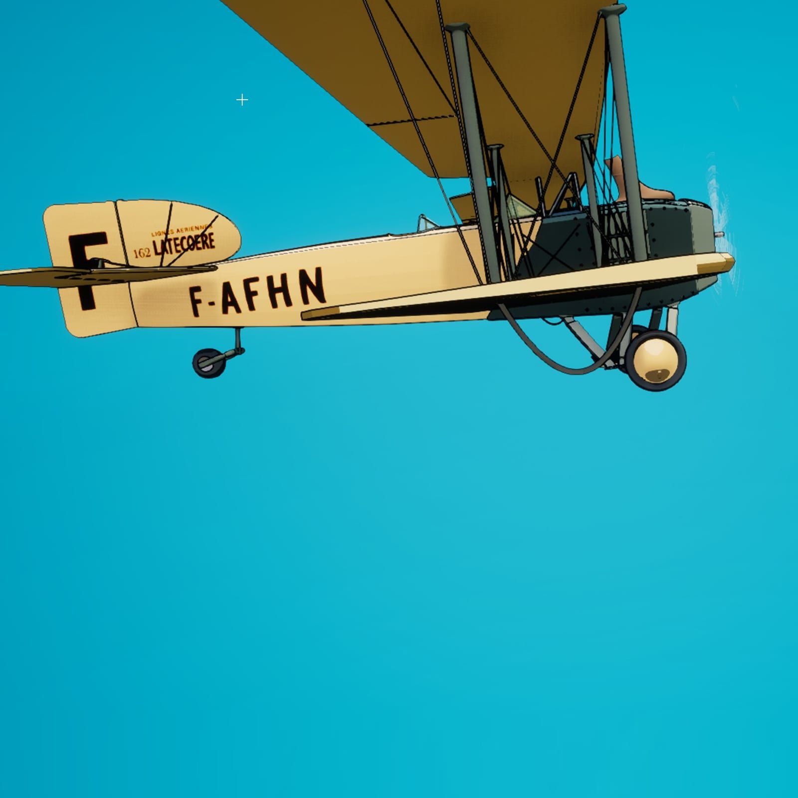 Le biplan de profil en vol, immatriculé F-AFHN, sur un ciel turquoise