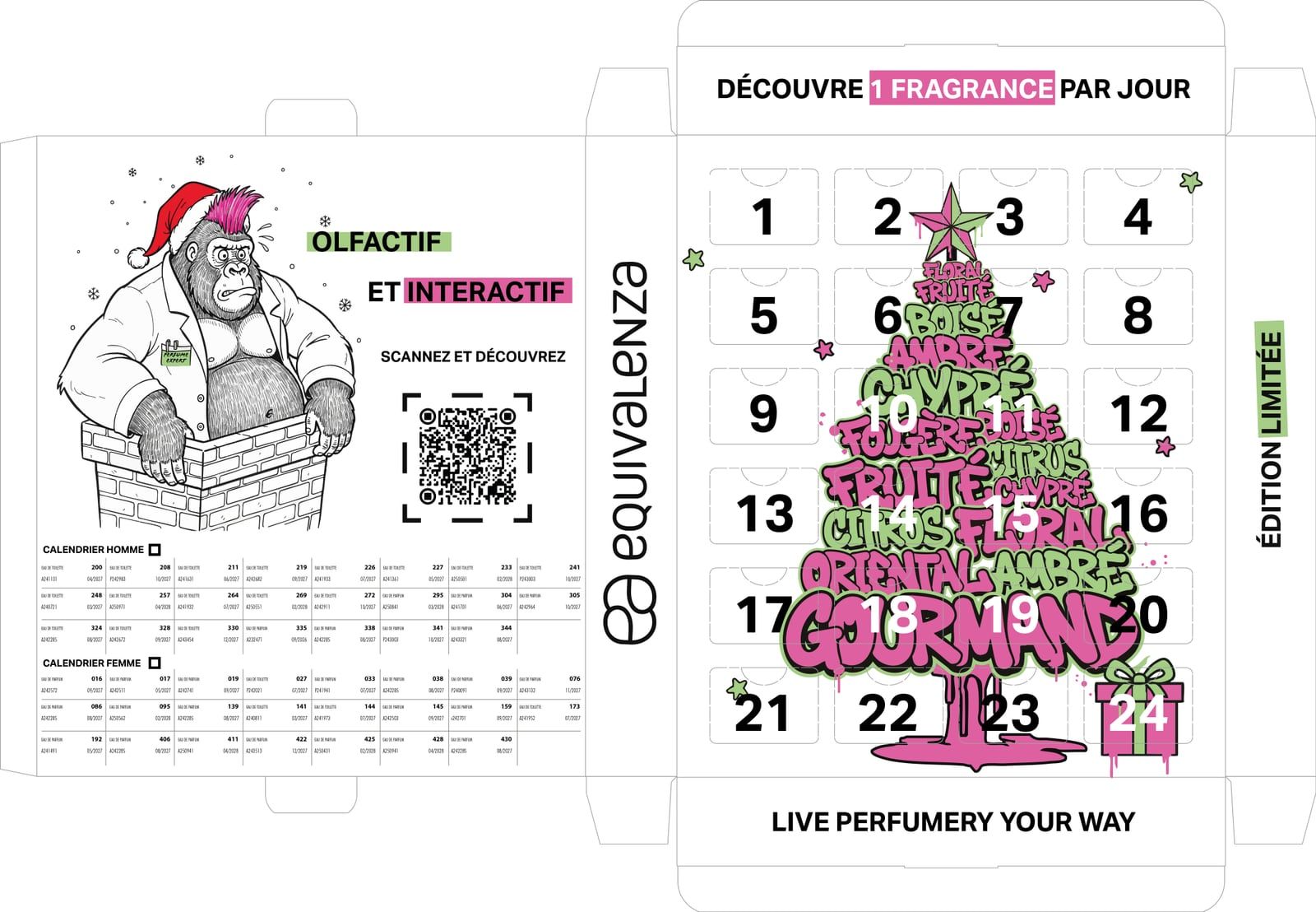 Le packaging du calendrier de l’Avent à plat : vingt-quatre cases sur un sapin en graffiti des familles olfactives, et au dos le gorille dans sa cheminée avec le QR code qui ouvre l’application