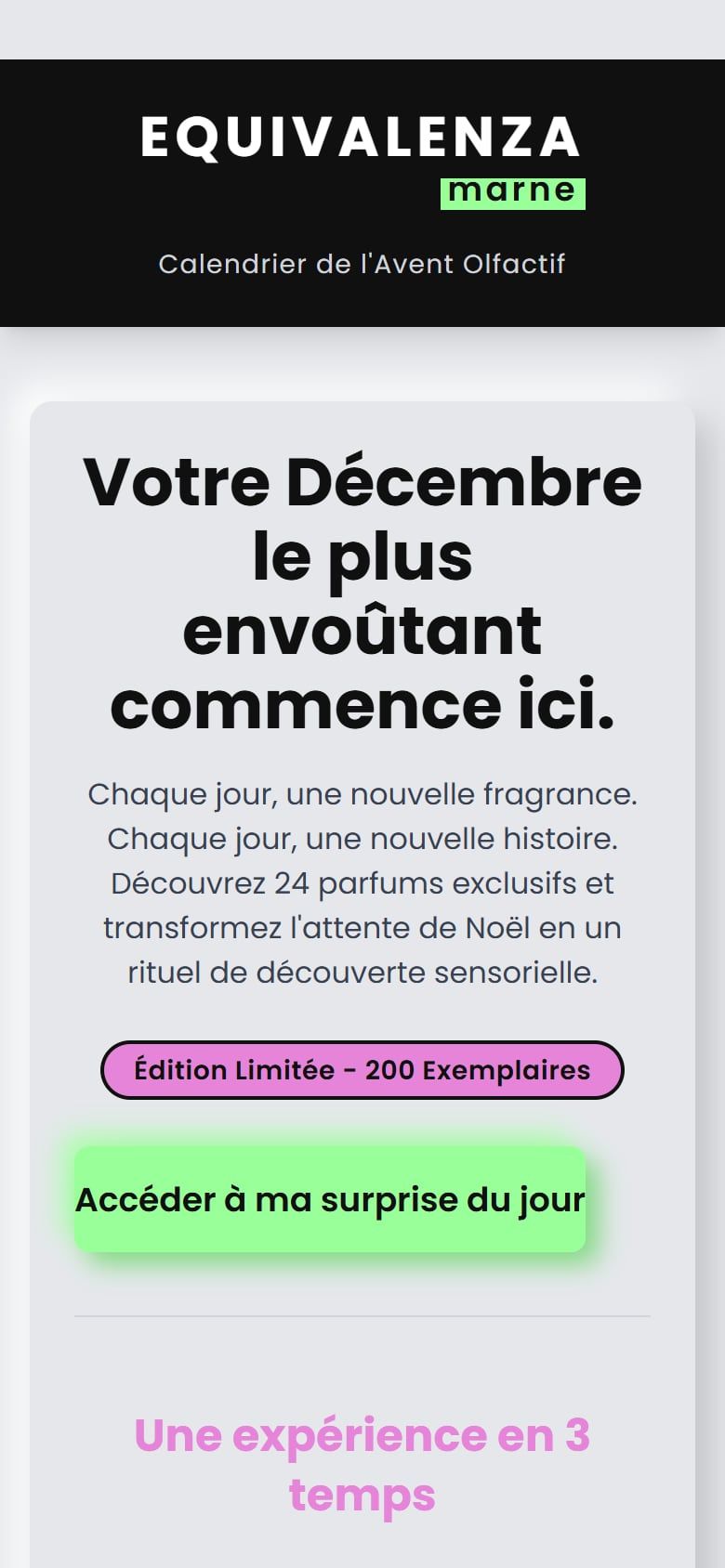La page du concept au téléphone : une fragrance par jour, l’édition limitée, l’accès à la surprise du jour