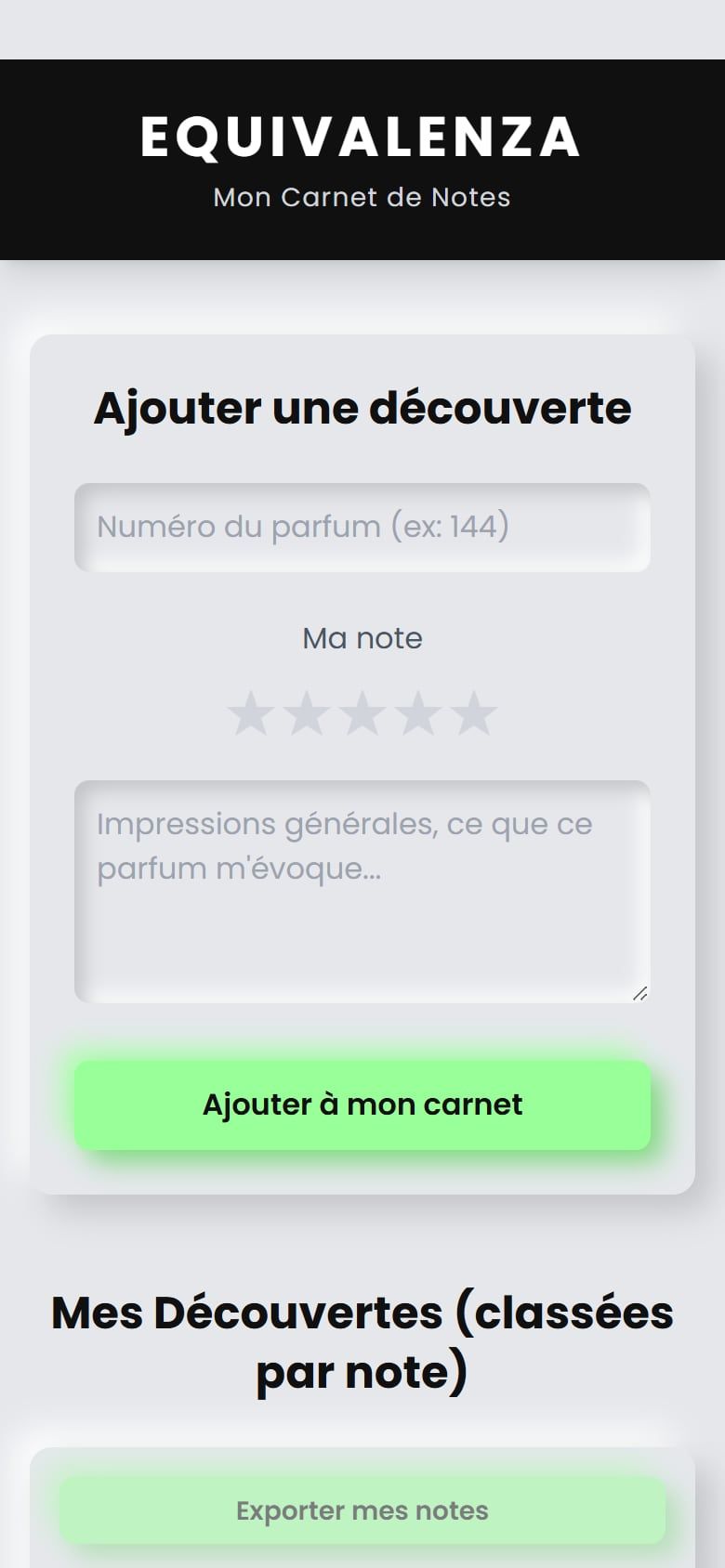 Le carnet de notes au téléphone : le numéro du parfum, une note en étoiles, ses impressions