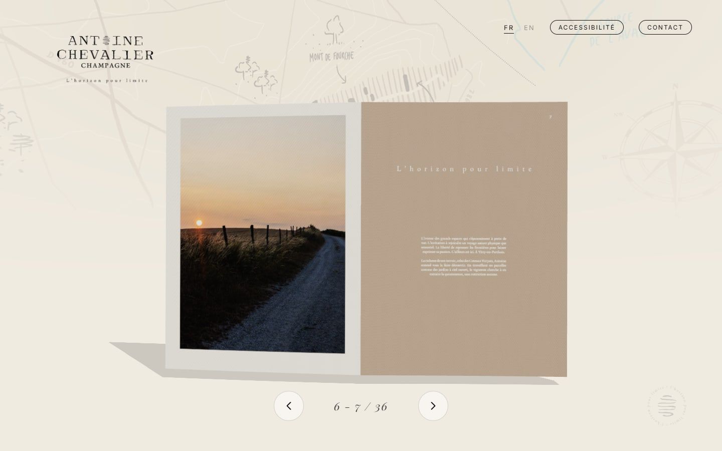 Une double page ouverte : une photographie du vignoble et le texte « L’horizon pour limite »