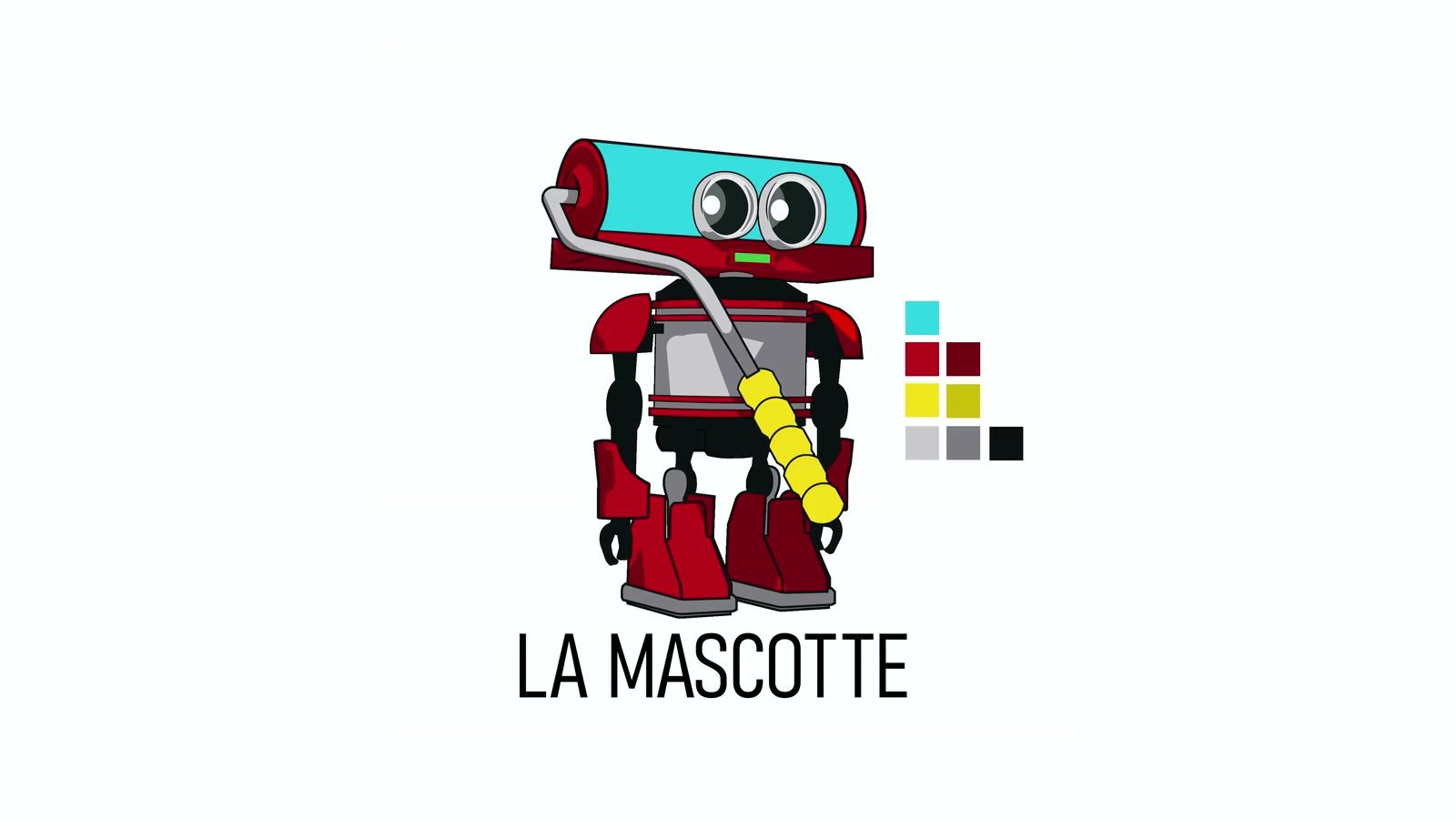 La mascotte de CP Peinture : un robot dont la tête est un rouleau à peinture, à côté de sa palette de couleurs