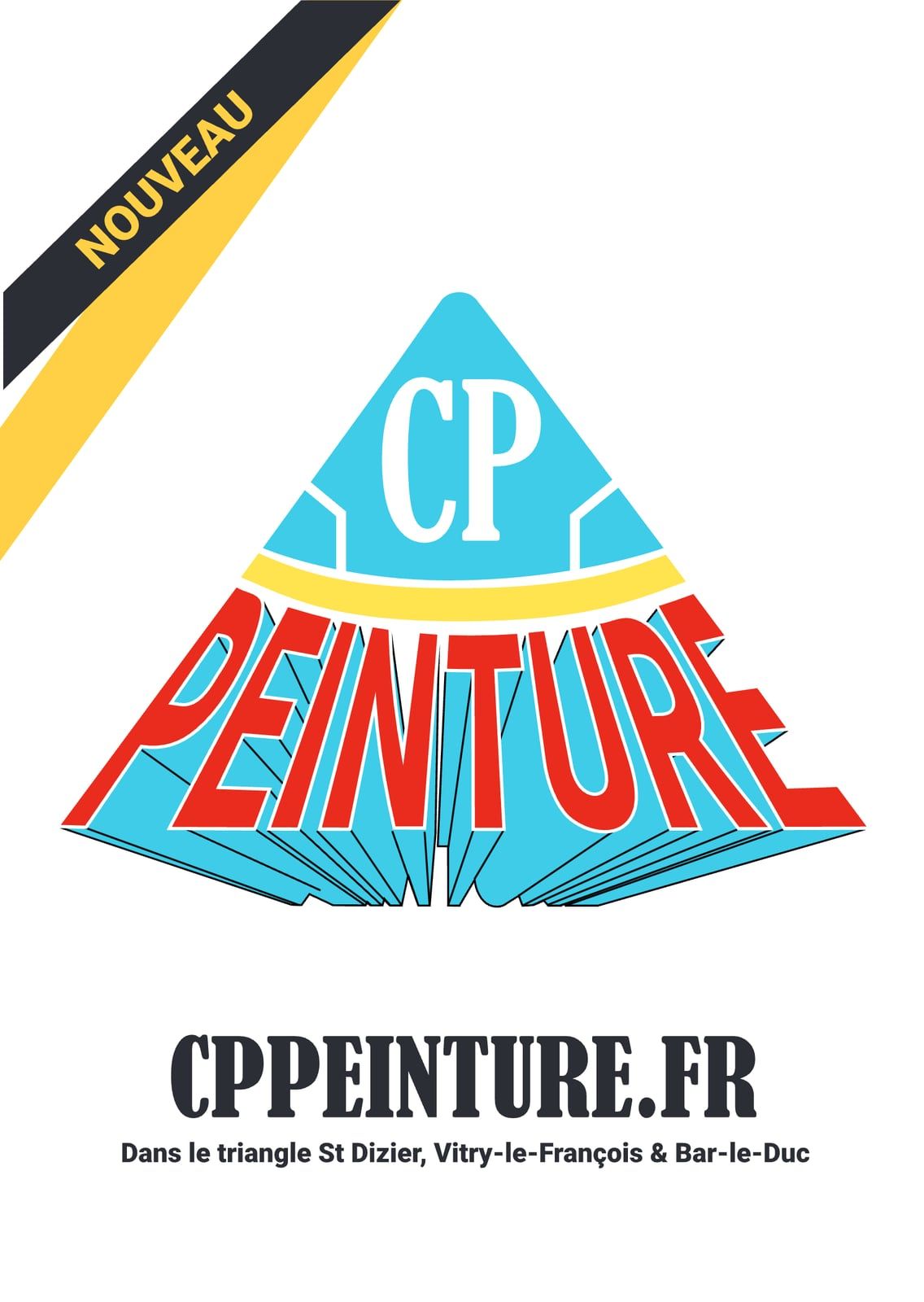 Le recto du flyer : le logo en triangle, la mention Nouveau et l’adresse du site