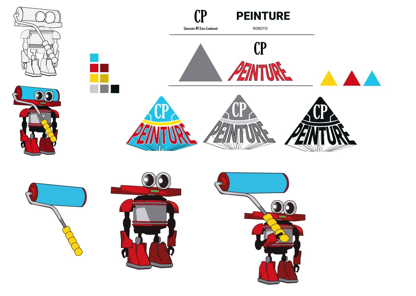 La planche d’identité : les croquis, la palette, le logo en couleur, en gris et en noir, et les déclinaisons de la mascotte