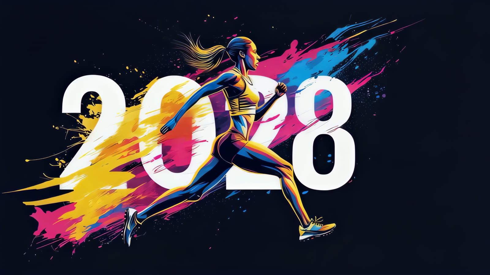 Une coureuse en pleine foulée devant la date 2028