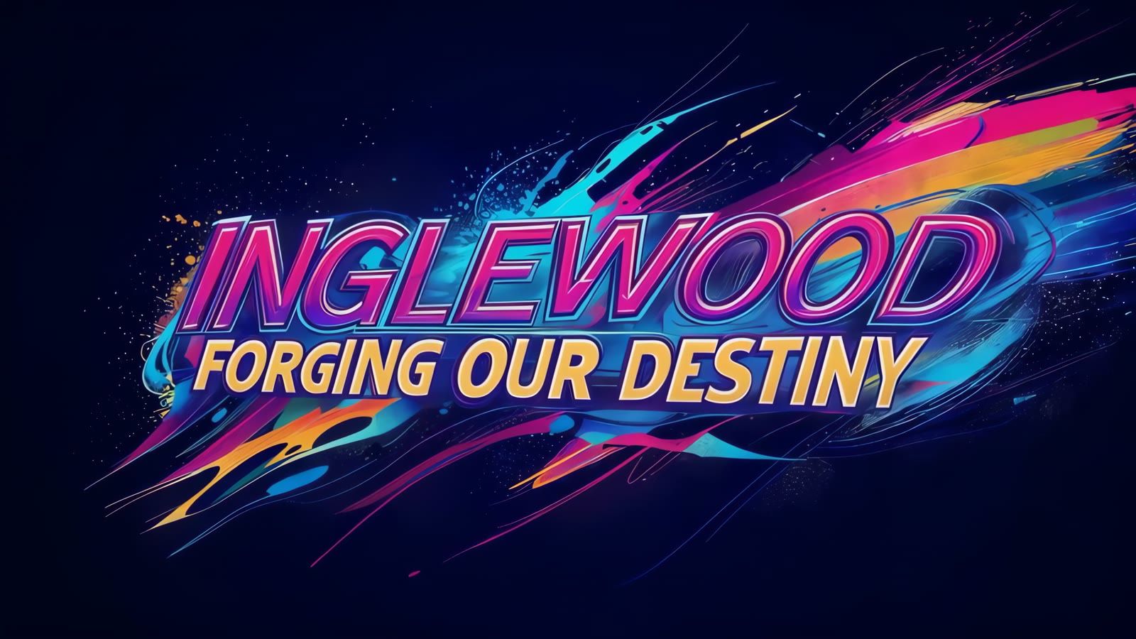 Le titre Inglewood, Forging our destiny, en lettres néon sur des traînées de couleur