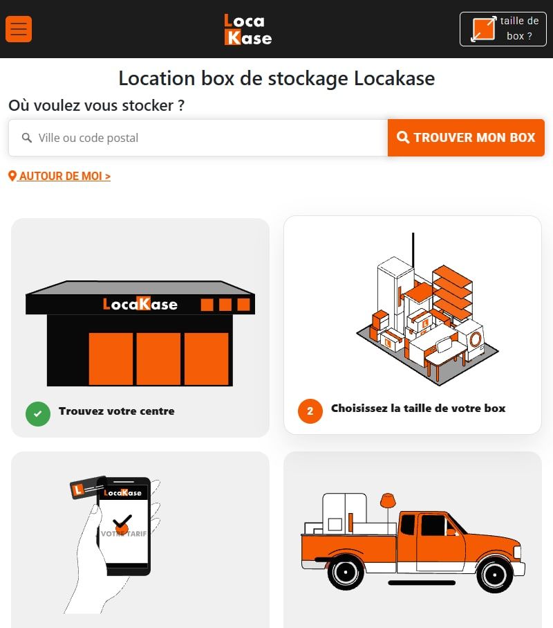 Page d’accueil du site Locakase, avec le parcours de réservation illustré en quatre étapes