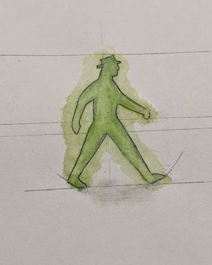 Croquis au crayon et à l’aquarelle verte d’un homme au chapeau qui marche, avec ses lignes de construction