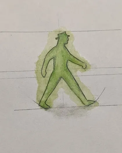 Croquis à l’aquarelle du marcheur, premier dessin du logo