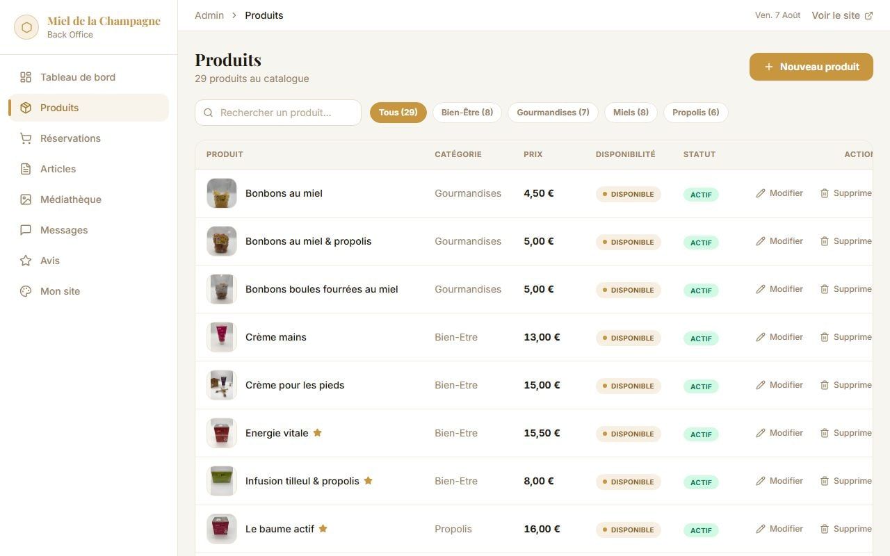 La liste des produits dans le back-office de la boutique