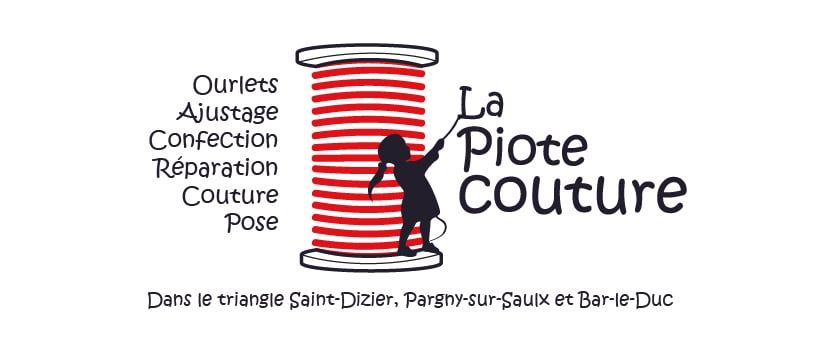 Le logo de La Piote Couture et la liste de ses services : ourlets, ajustage, confection, réparation, couture, pose