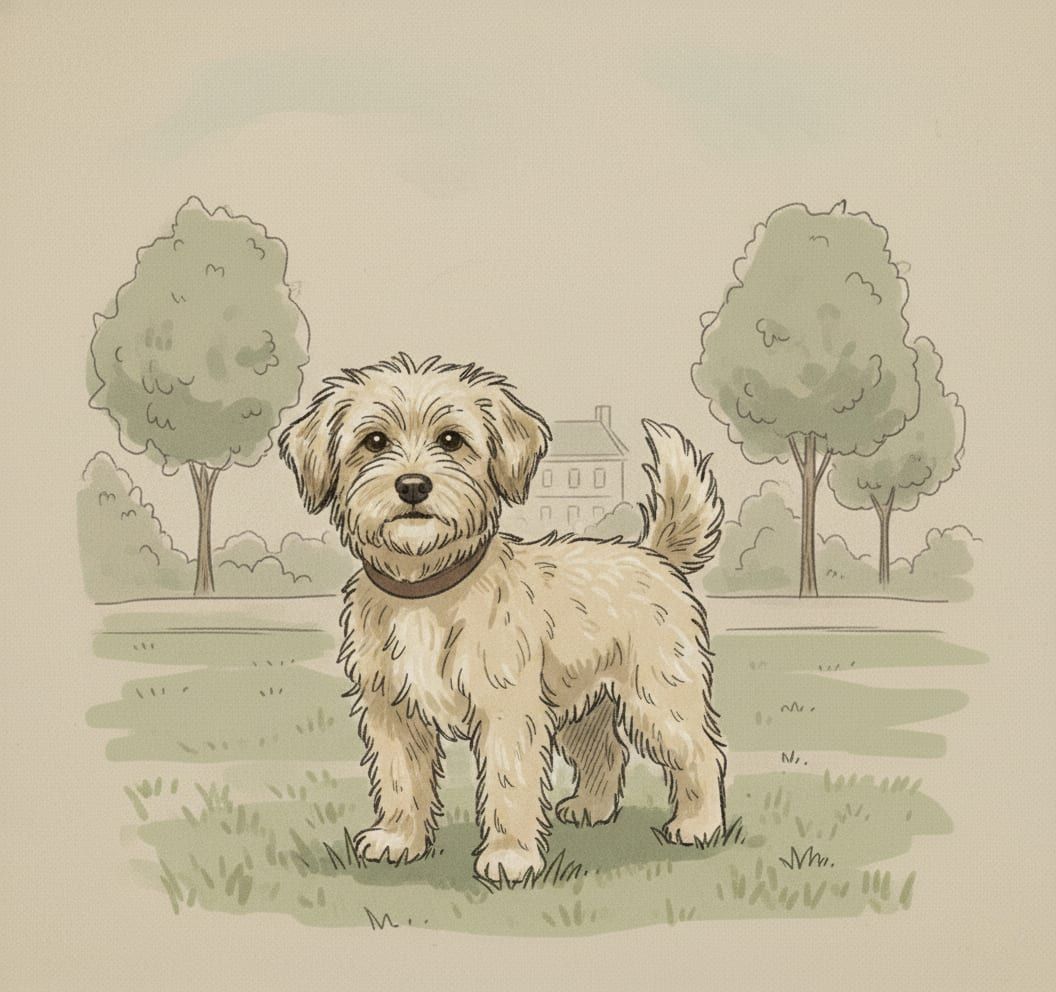 Rags, petit chien au poil clair et frisé, assis dans un parc, en dessin au trait aquarellé