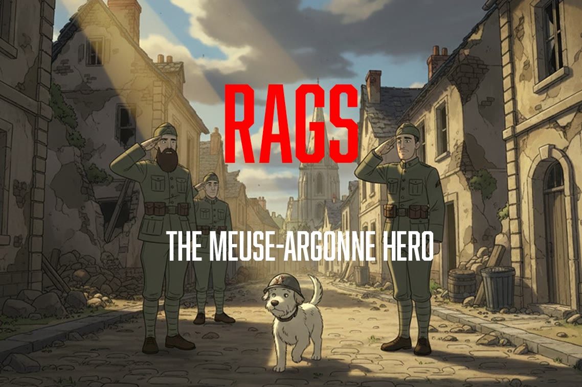 Affiche du film Rags, un petit chien casqué entre deux soldats de la Grande Guerre qui saluent, dans une rue de village en ruines