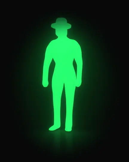 Le personnage-signal debout sur le sol laqué, affiche du studio.