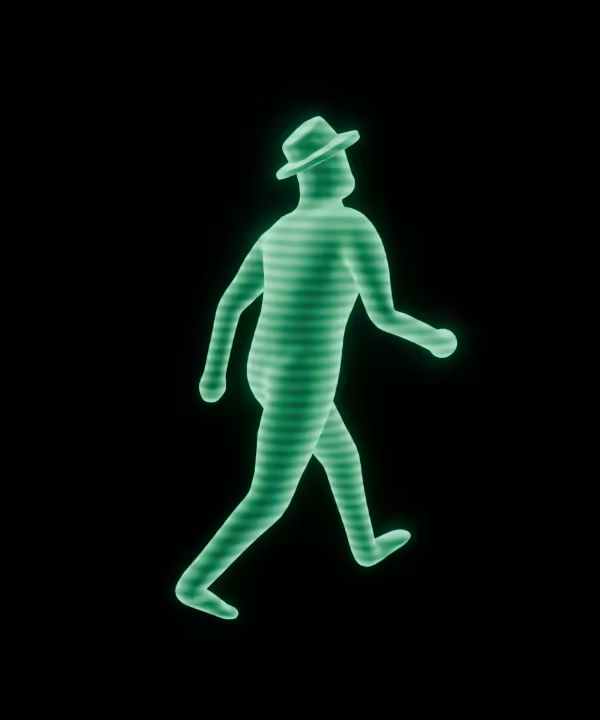 Le marcheur du logo en hologramme néon, en rotation
