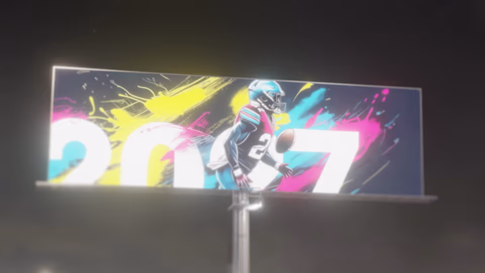 Maquette 3D animée d’un panneau lumineux de nuit, au bord d’une route, affichant un visuel sportif